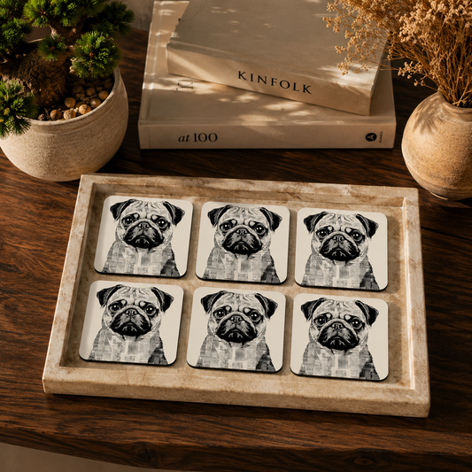 Modern Pug Portrait Wooden Coasters Set of 6