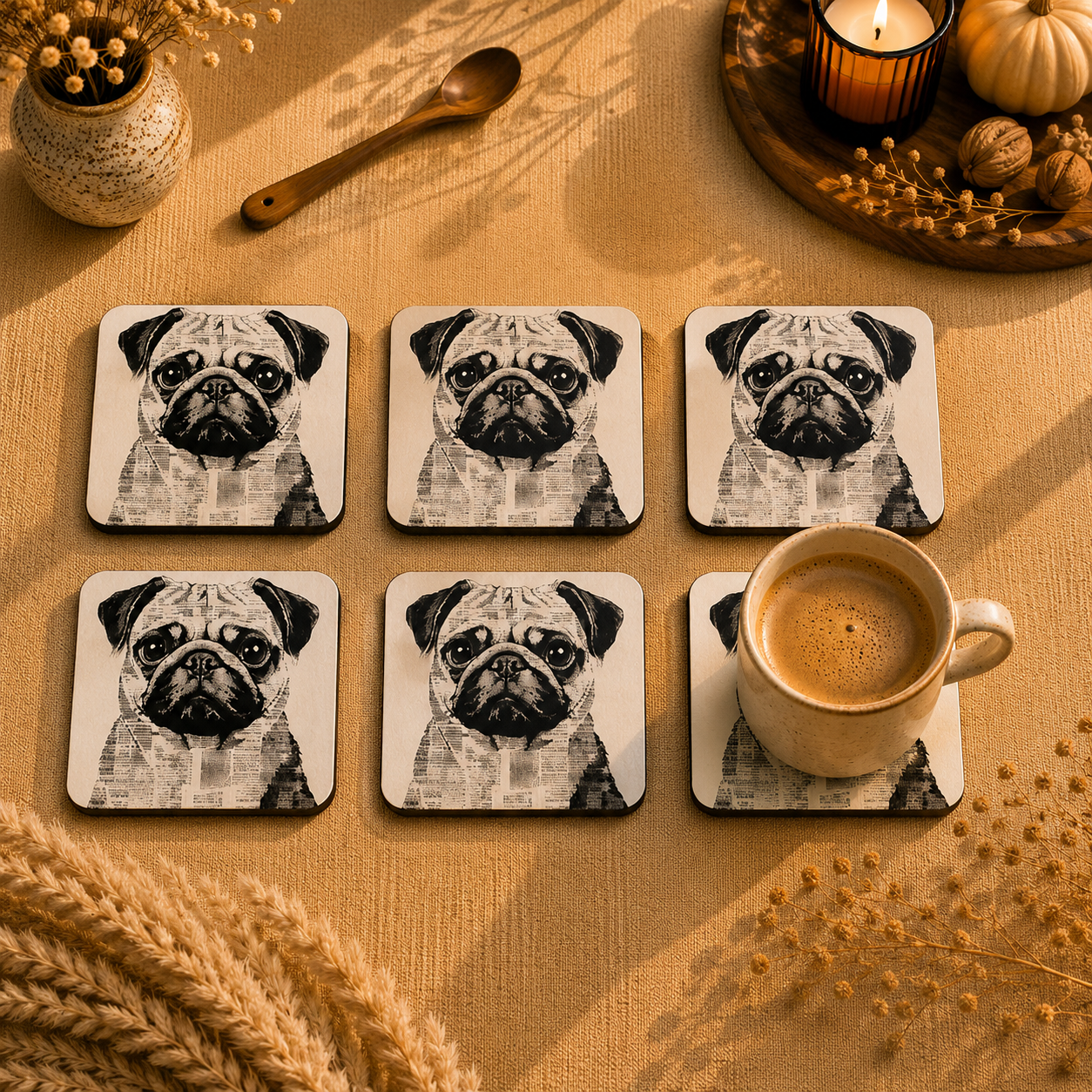 Modern Pug Portrait Wooden Coasters Set of 6