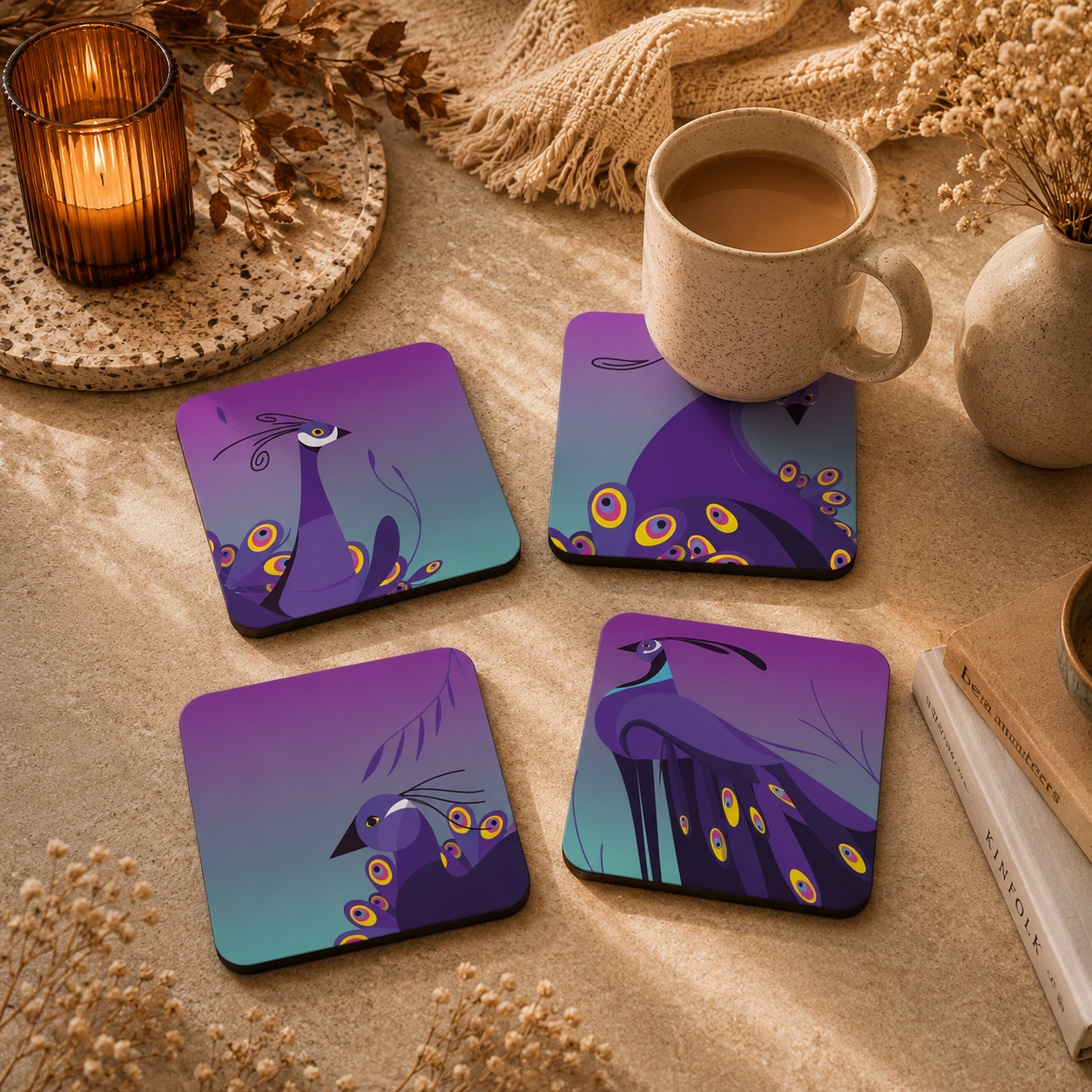 Majestic Peacock Wooden Coasters Set of 4