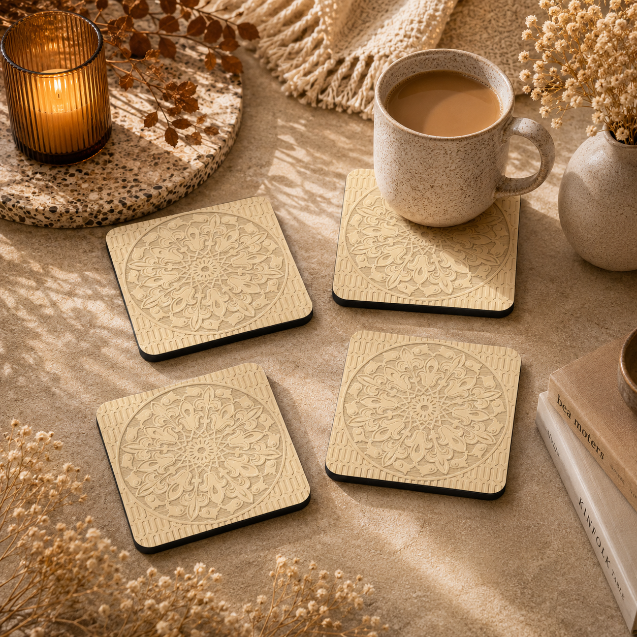 Ornate Mandala Wooden Coasters Set of 4