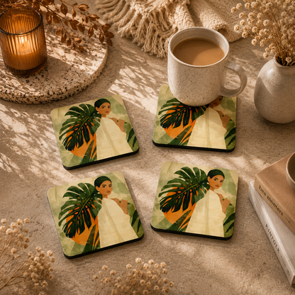 Tropical Monstera Portrait Wooden Coasters Set of 4