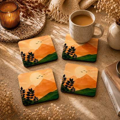 Golden Mountain View Wooden Coasters Set of 4