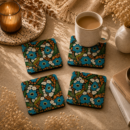 Vintage Blue Floral Wooden Coasters Set of 4