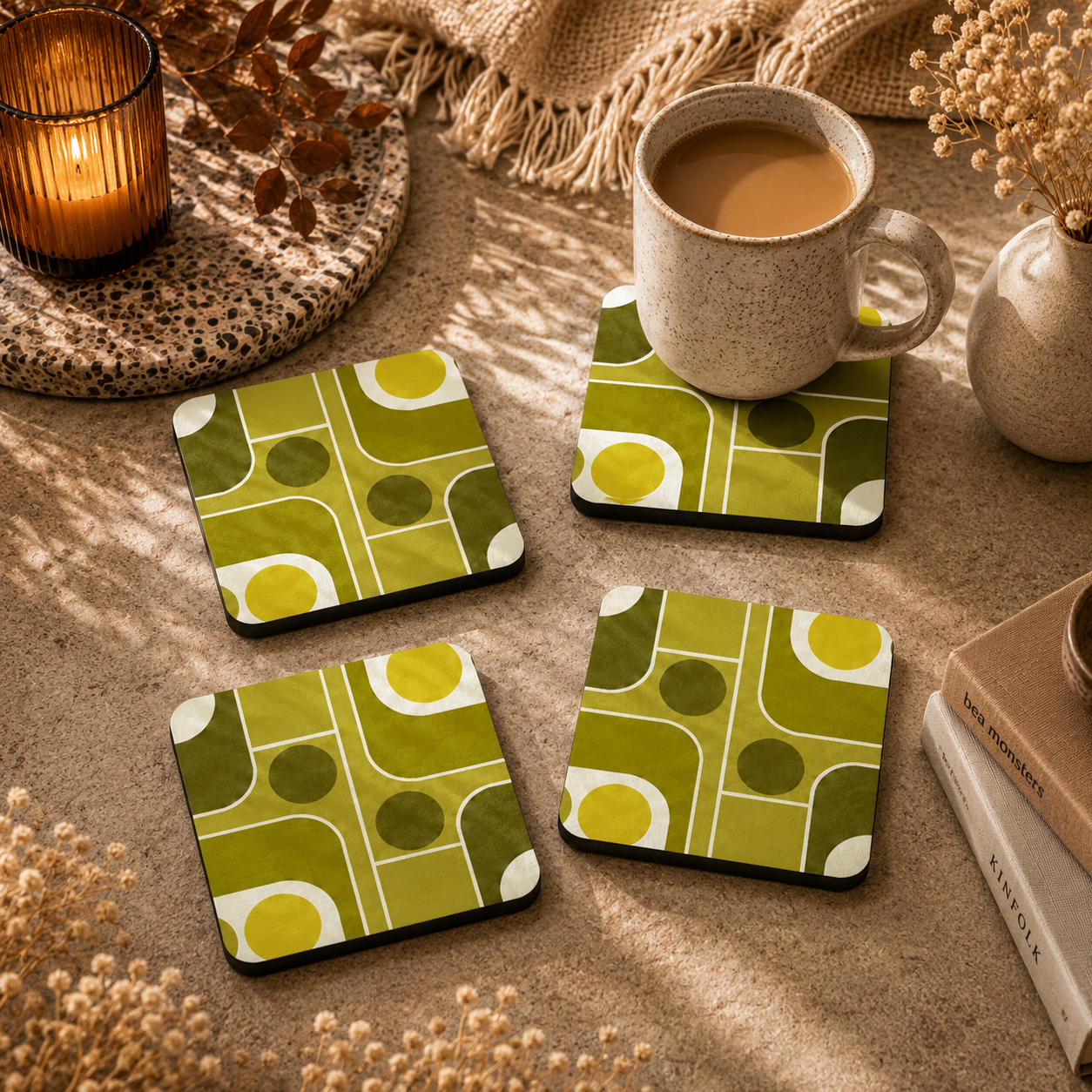 Retro Geometric Wooden Coasters Set of 4