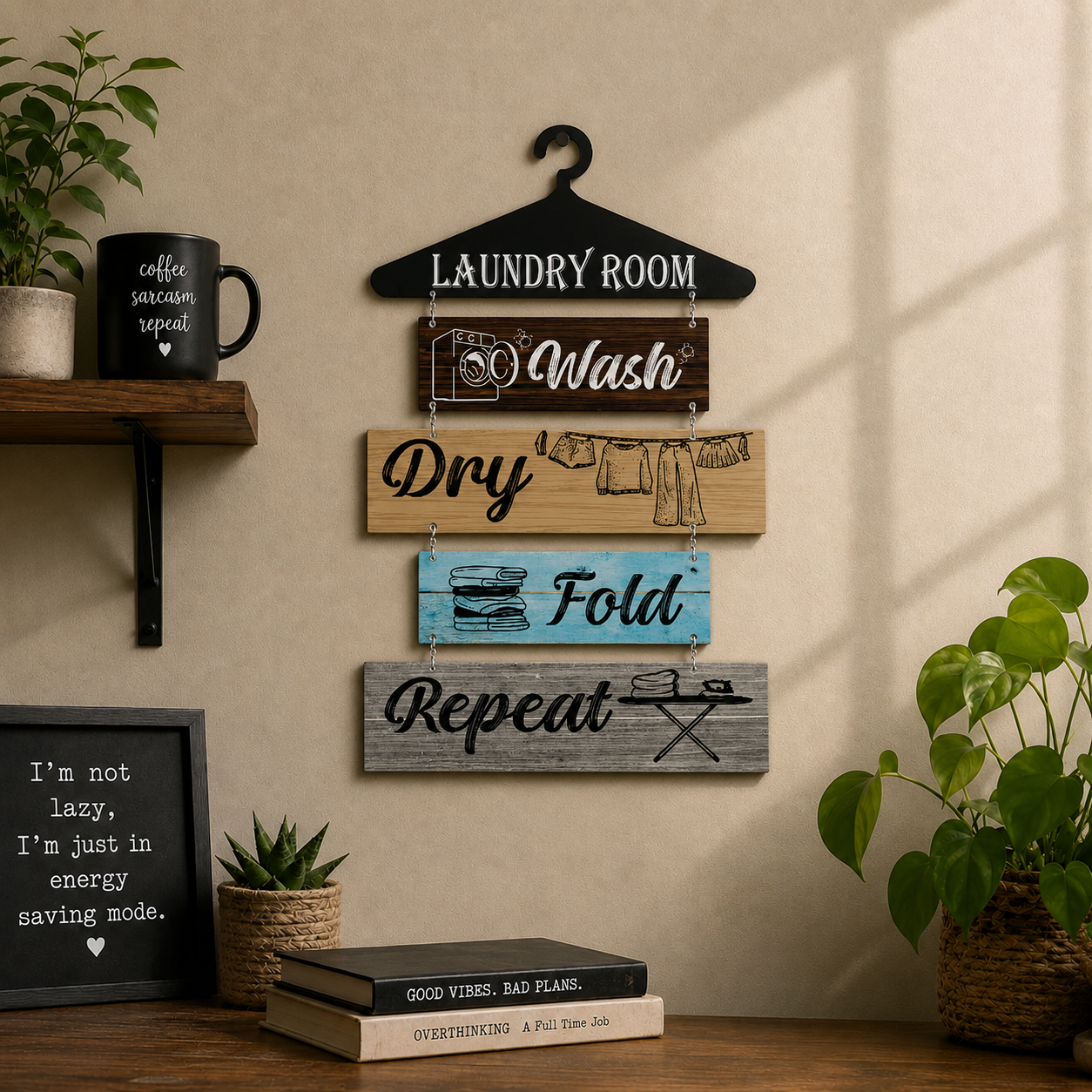 Laundry Room Wash Dry Fold Repeat Wooden Wall Hanging