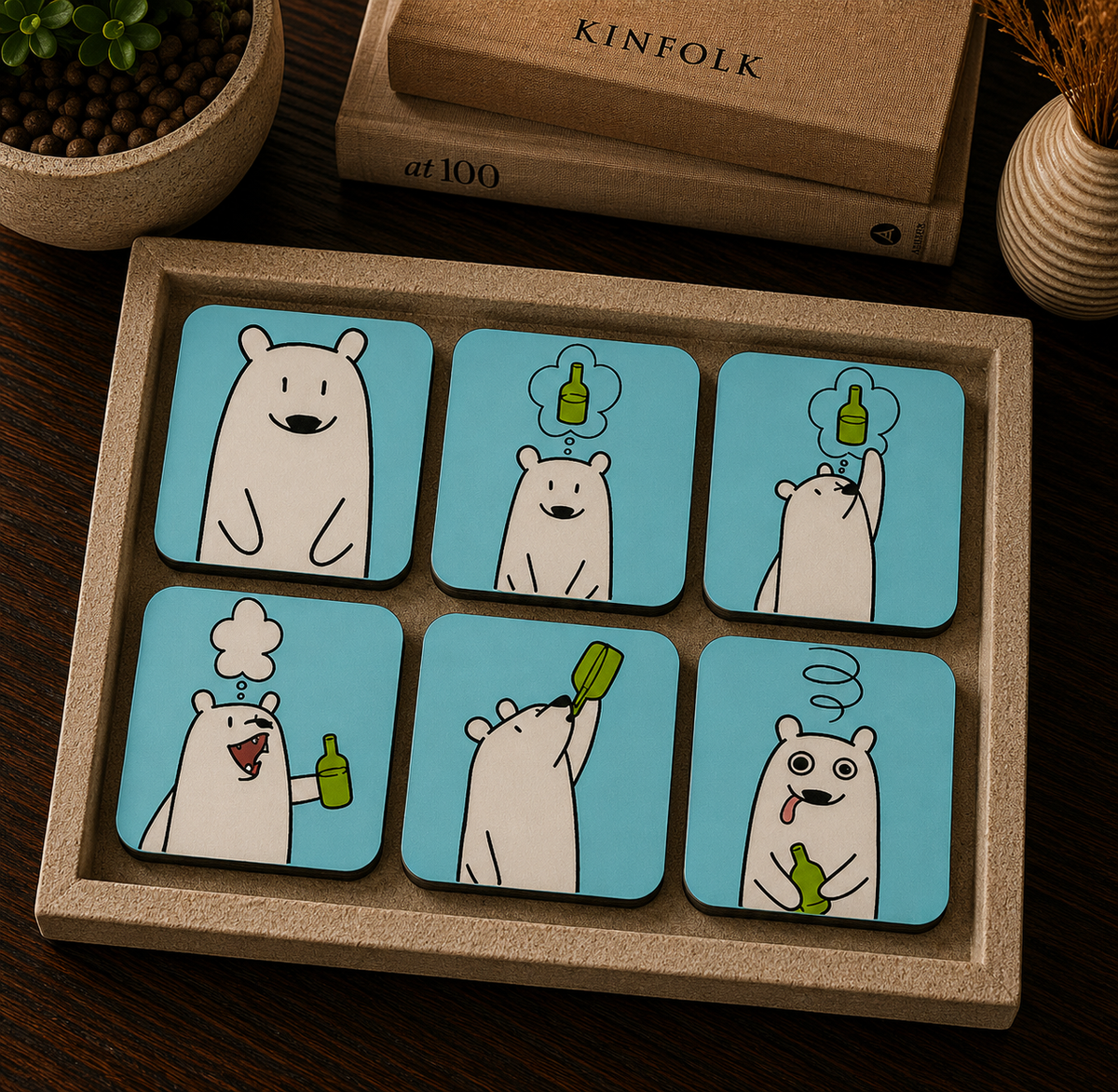 Cute Bear Cartoon Wooden Coasters Set of 4
