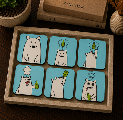 Cute Bear Cartoon Wooden Coasters Set of 4