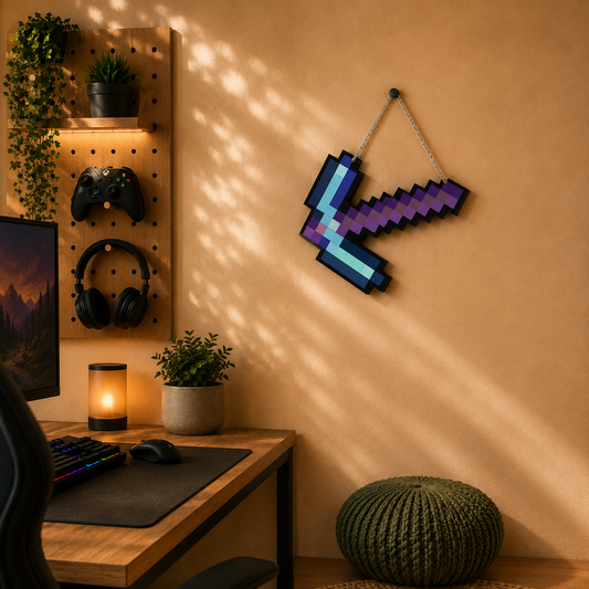 Retro Pixel Enchanted Diamond Pickaxe Gaming Wall Hanging