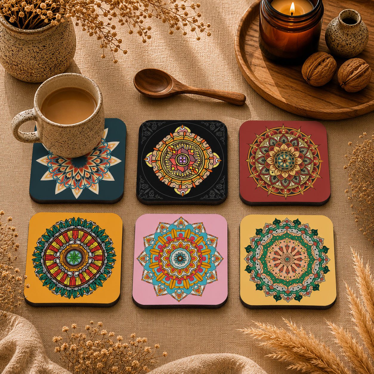 Vibrant Mandala Pattern Wooden Coasters Set of 6