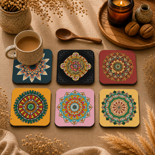 Vibrant Mandala Pattern Wooden Coasters Set of 6