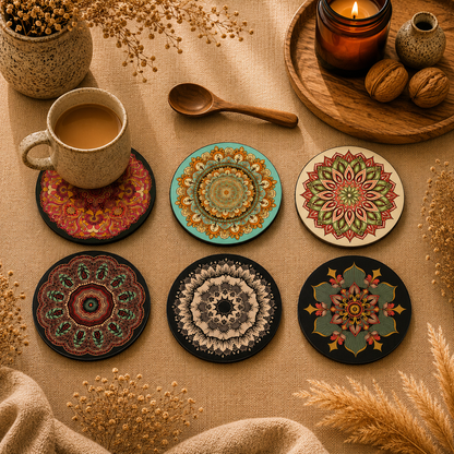 Round Mandala Wooden Coasters Set of 6