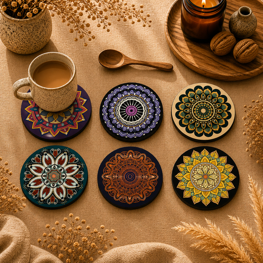 Colorful Mandala Round Wooden Coasters Set of 6