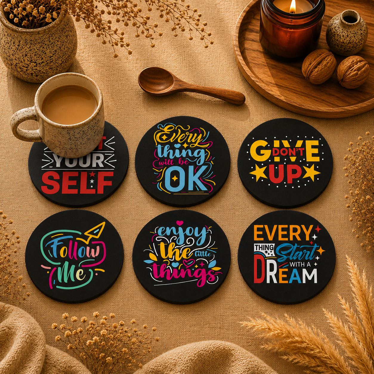 Sacred Geometry Round Wooden Coasters Set of 6