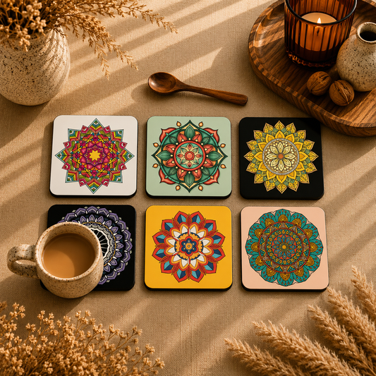 Colorful Mandala Wooden Coasters Set of 6