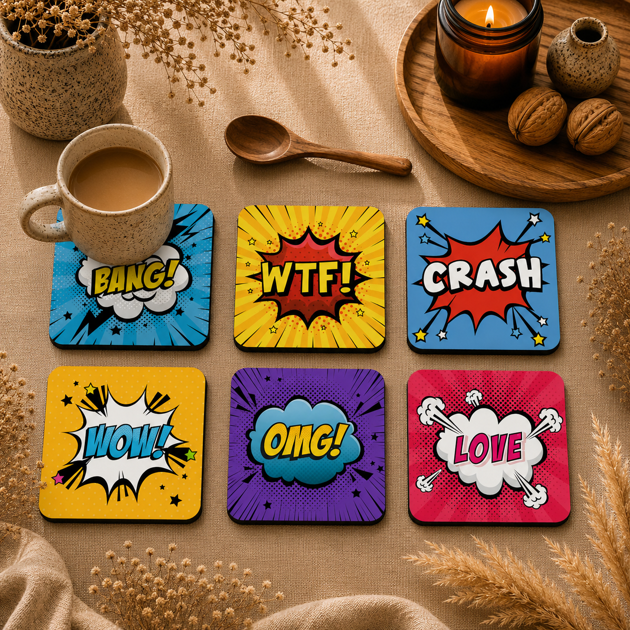 Vintage Pop Art Wooden Coasters Set of 6
