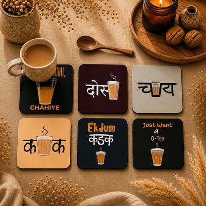 Hindi Chai Quote Wooden Coasters Set of 6