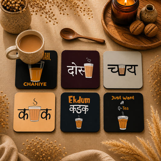 Hindi Chai Quote Wooden Coasters Set of 6