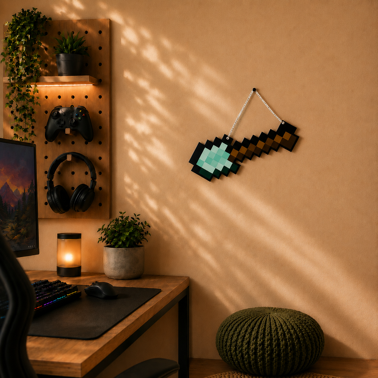 Retro Pixel Diamond Shovel Gaming Wall Hanging