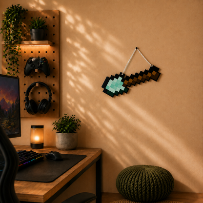 Retro Pixel Diamond Shovel Gaming Wall Hanging