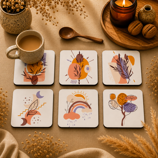 Elegant Floral Design Wooden Coasters Set of 6