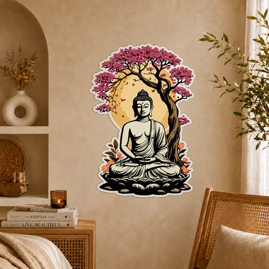 Meditating Buddha Under Blossom Tree Wooden Wall Art