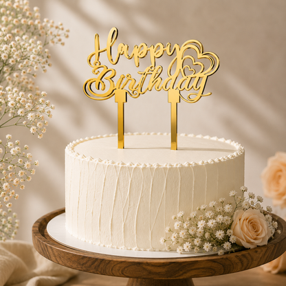 Happy Birthday Heart Script Decorative Cake Topper