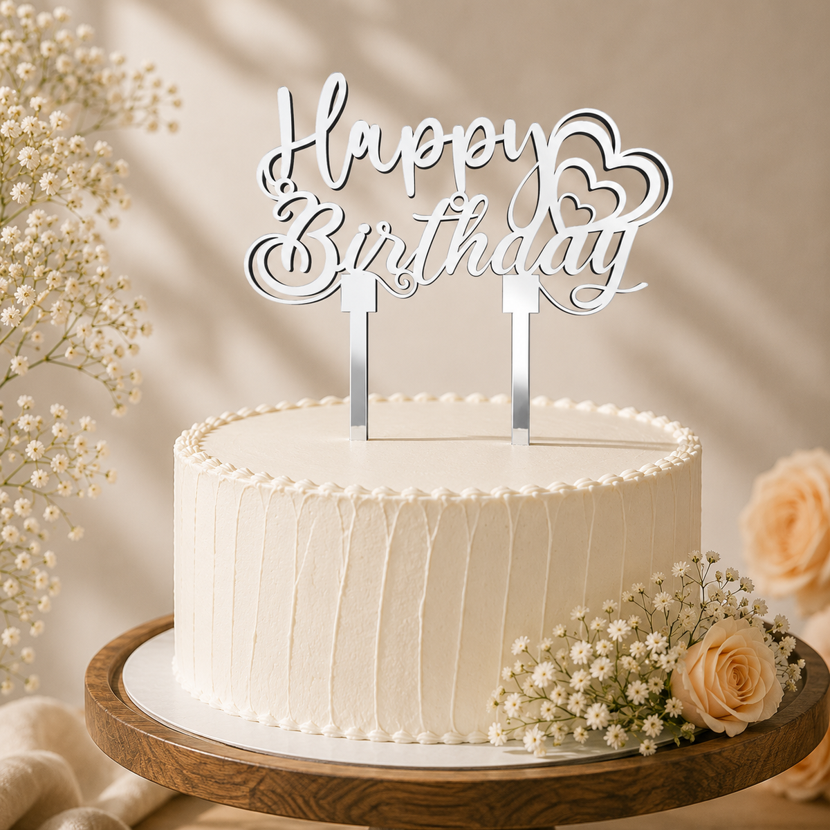 Happy Birthday Heart Script Decorative Cake Topper