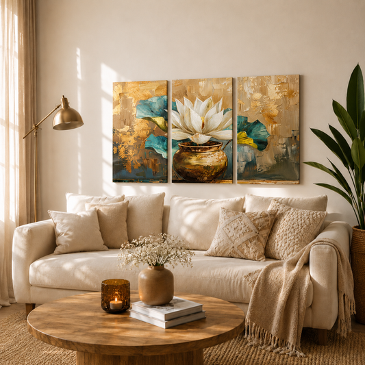 White Lotus in Golden Vase Wooden Wall Art