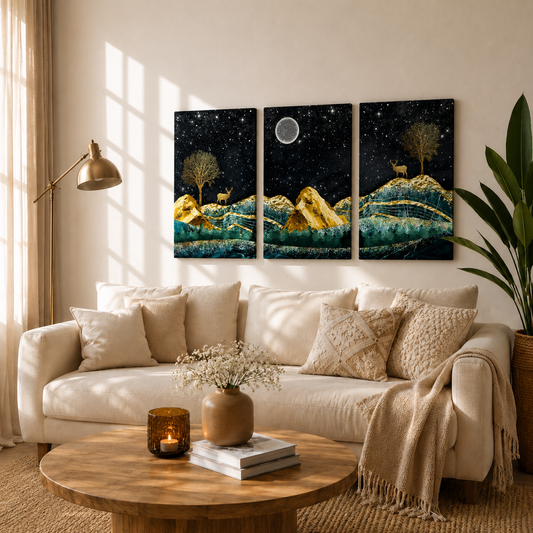 Golden Peaks Beneath the Starlit Moon Sky