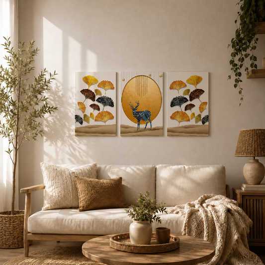 Elegant Deer and Golden Ginkgo Wooden Wall Decor