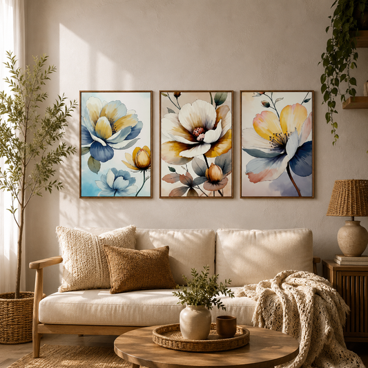Elegant Watercolor Floral Triptych Wooden Wall Art