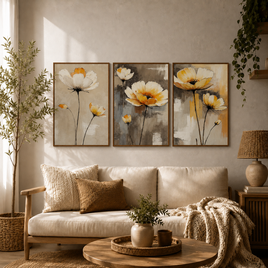 Minimal White Poppy Floral Wooden Wall Art Set