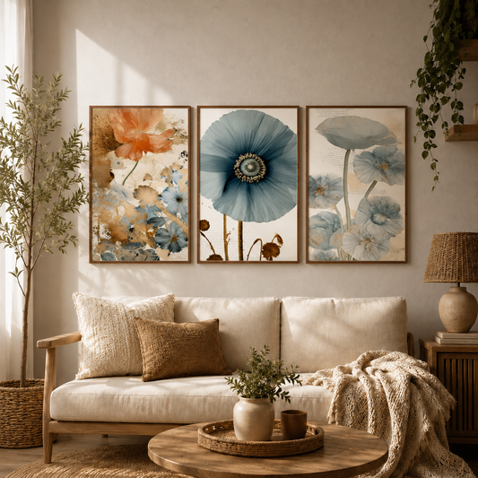 Blue & Amber Floral Wooden Wall Art Set