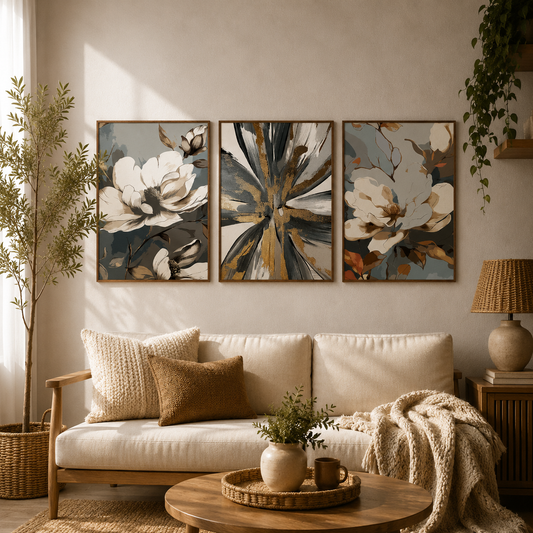 White Magnolia & Abstract Wooden Wall Art Set