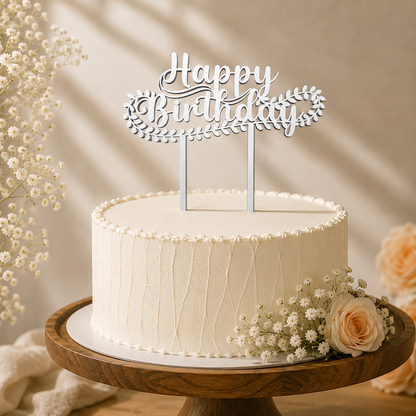 Happy Birthday Floral Script Decorative Cake Topper