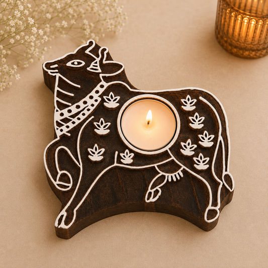 Cow Shaped Wooden Tea Light Candle Holder