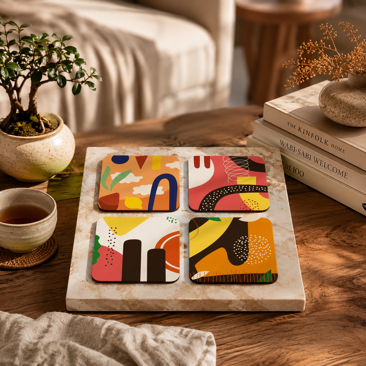 Modern Abstract Pattern Wooden Coasters Set of 4
