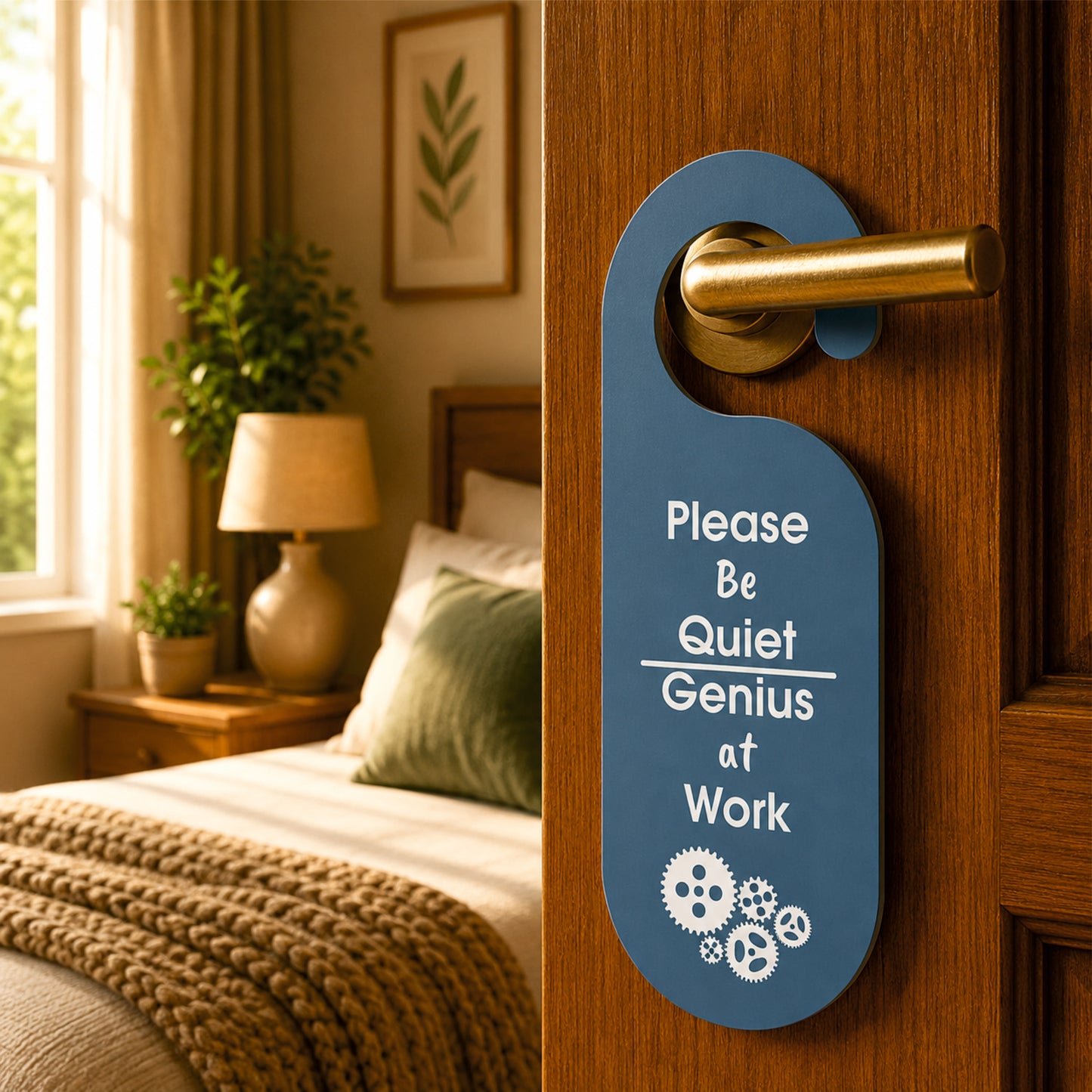 Please Be Quiet Genius at Work Wooden Door Hanger Sign Board