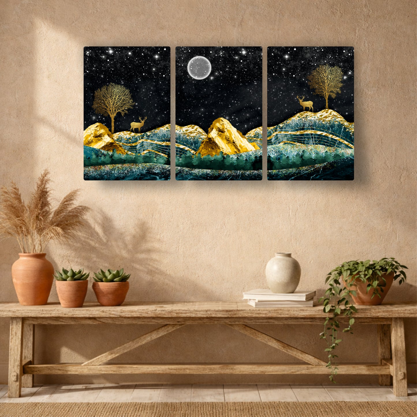 Golden Peaks Beneath the Starlit Moon Sky