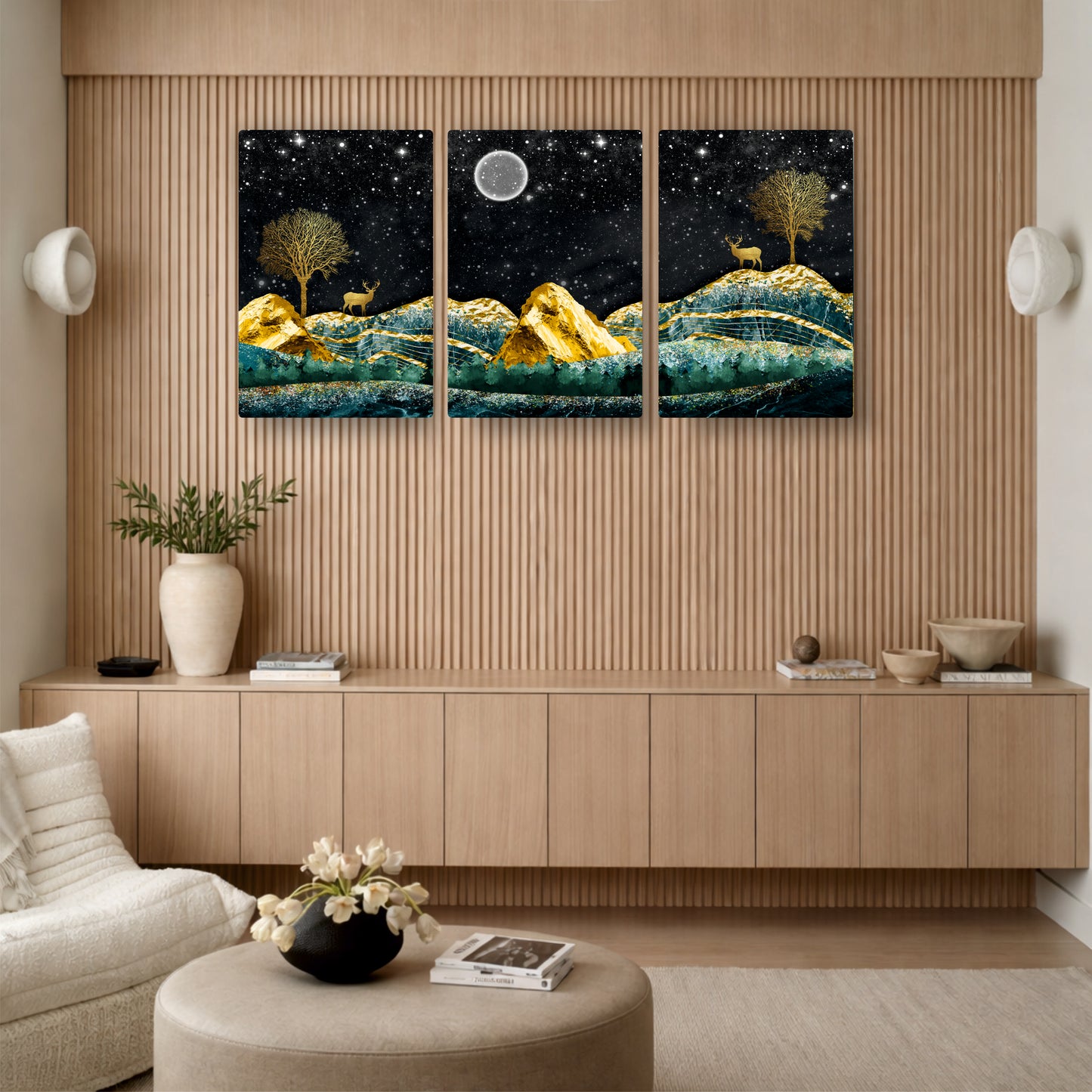Golden Peaks Beneath the Starlit Moon Sky