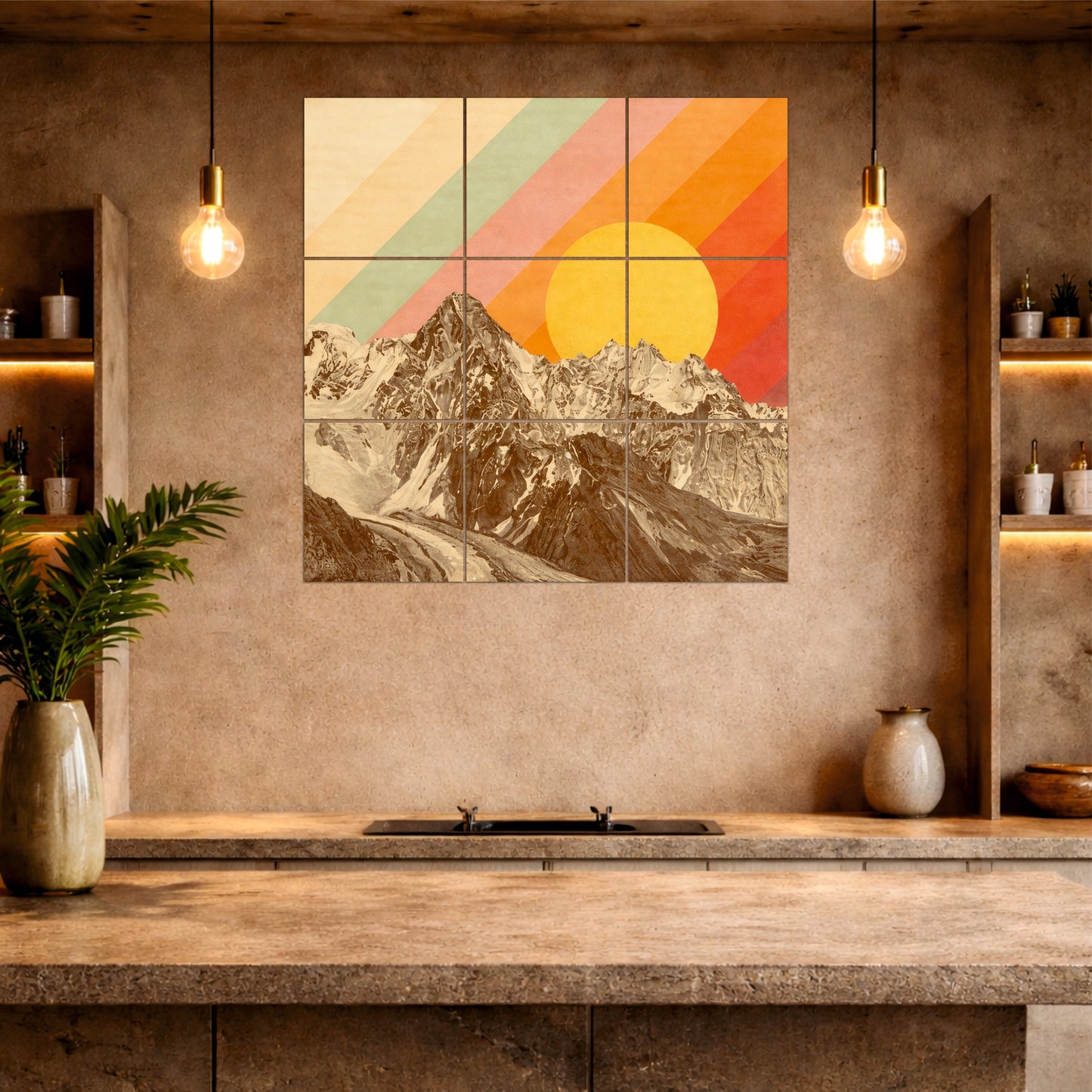 Retro Mountain Sunrise Wooden Wall Art