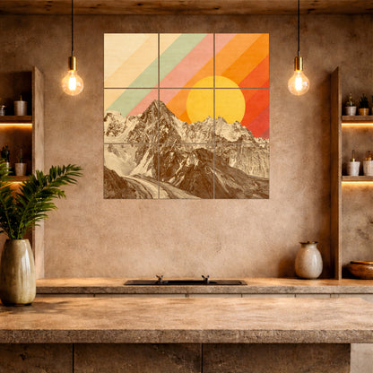 Retro Mountain Sunrise Wooden Wall Art