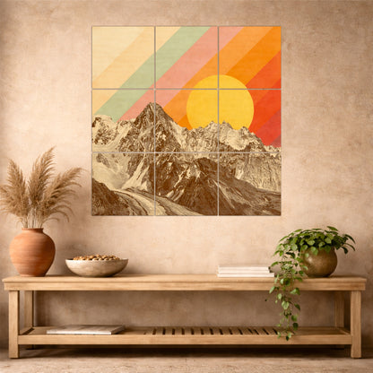 Retro Mountain Sunrise Wooden Wall Art