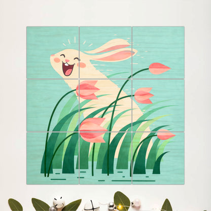 Cute Bunny Meadow Wooden Wall Art
