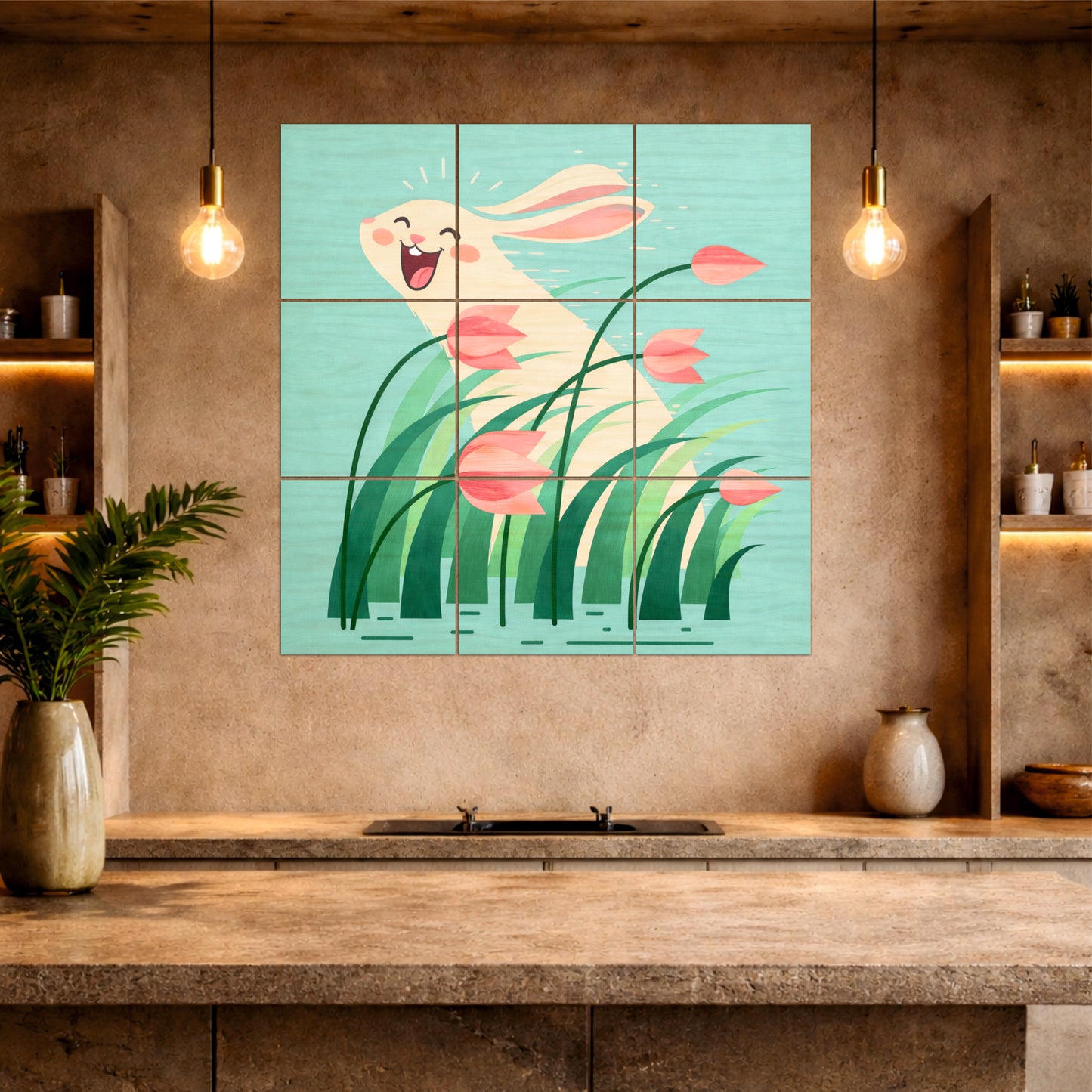 Cute Bunny Meadow Wooden Wall Art