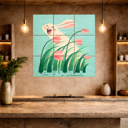 Cute Bunny Meadow Wooden Wall Art