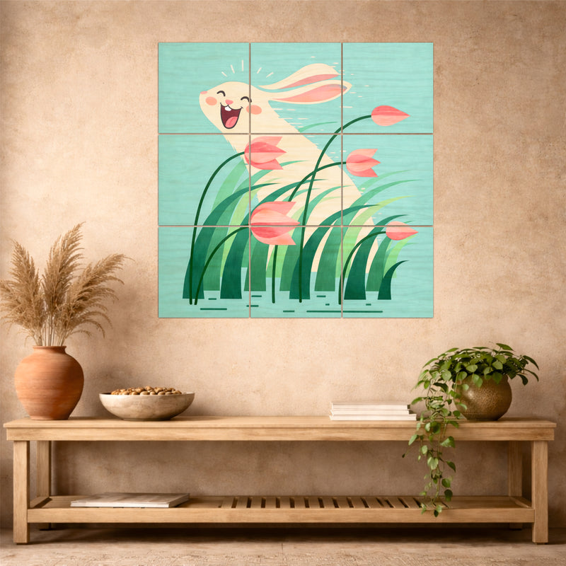 Cute Bunny Meadow Wooden Wall Art