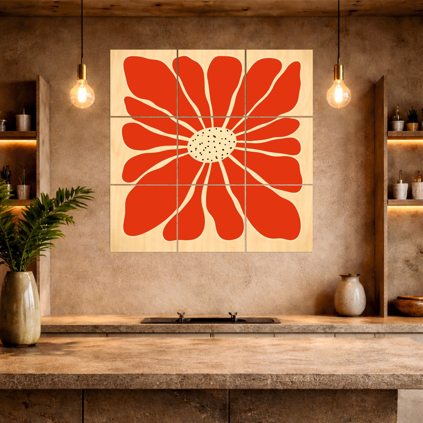 Vibrant Red Floral Wooden Wall Art