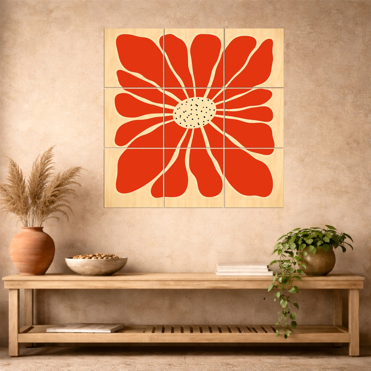 Vibrant Red Floral Wooden Wall Art