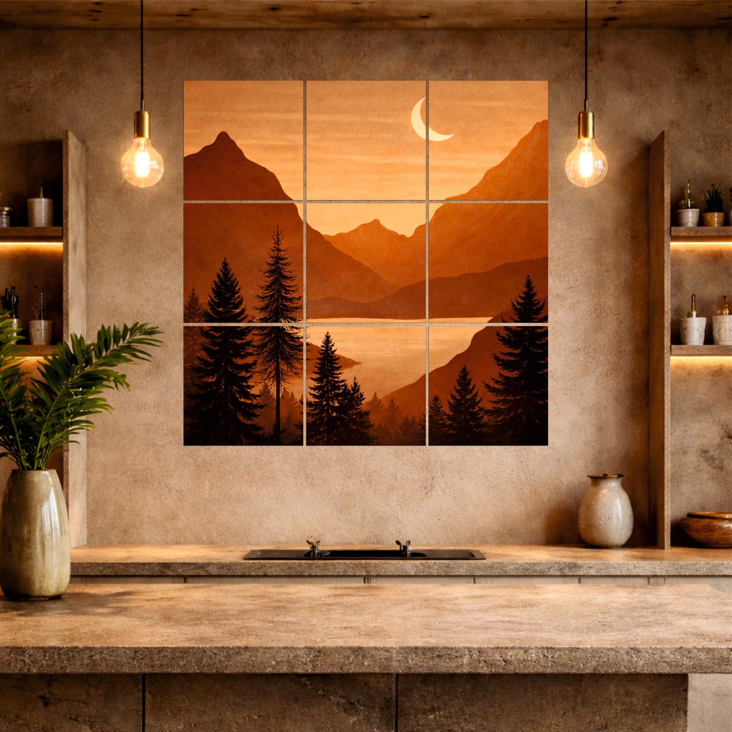Golden Mountain Lake Sunset Wooden Wall Art